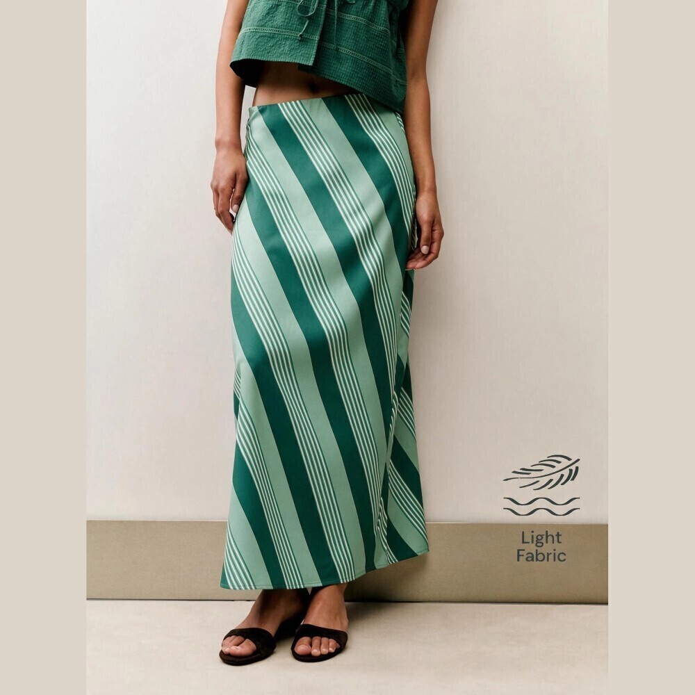 Green Diagonal Striped Satin Maxi Skirt with Elastic Waist